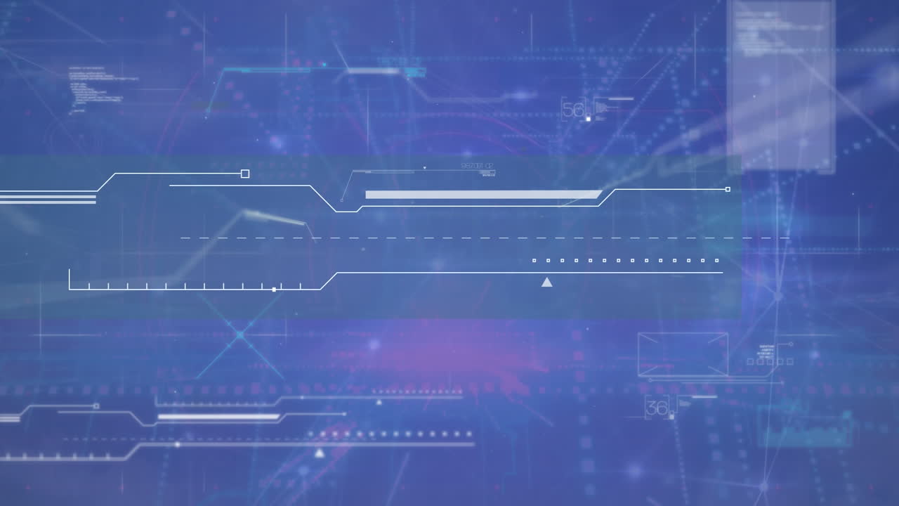 Animation of data processing and network of connections on blue background