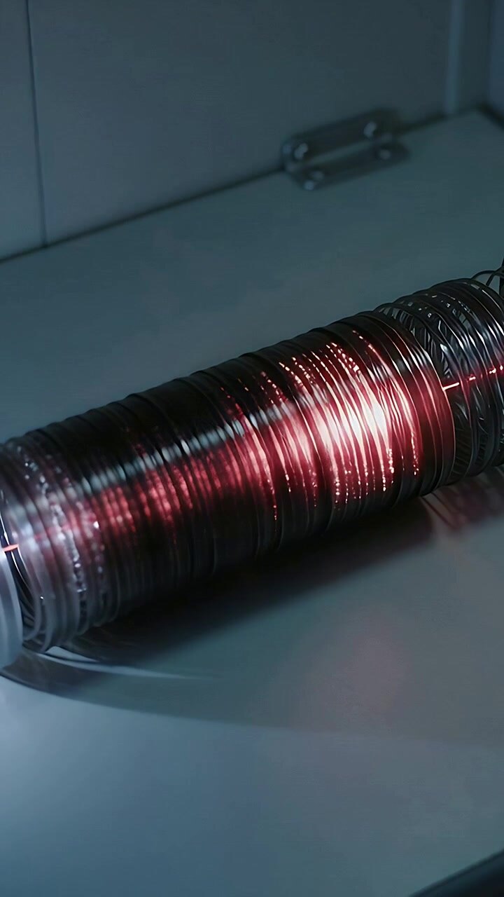 Vertical video: Starting red laser beam sweeping across ribbed duct on countertop