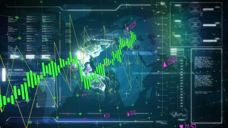 financial data and stock market analysis animation over world map background