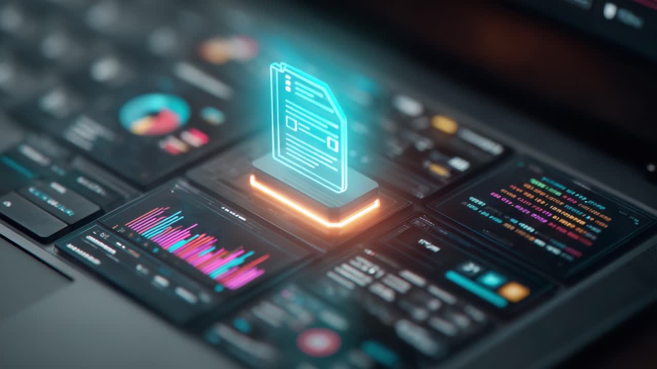 Dynamische digitale Benutzeroberfläche, die interaktive Daten- und Dokumentvisualisierung auf einem Hightech-Laptop präsentiert, mit Diagrammen, Statistiken und modernen UI-Elementen.