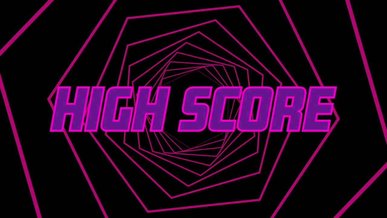 animazione di testo rosa ad alto punteggio su un tunnel di esagoni luminosi