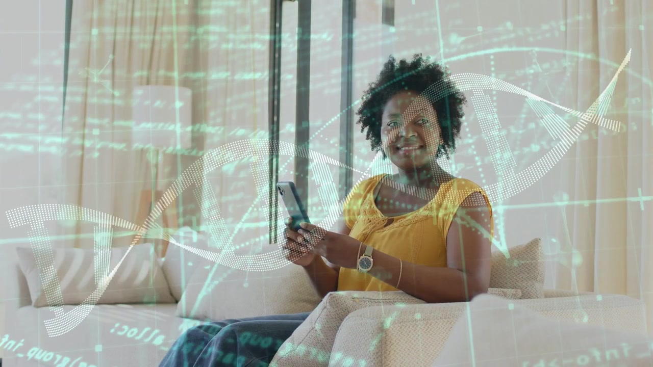 Midadult Black woman tapping smartphone, viewing DNA data overlay, glancing up and smiling