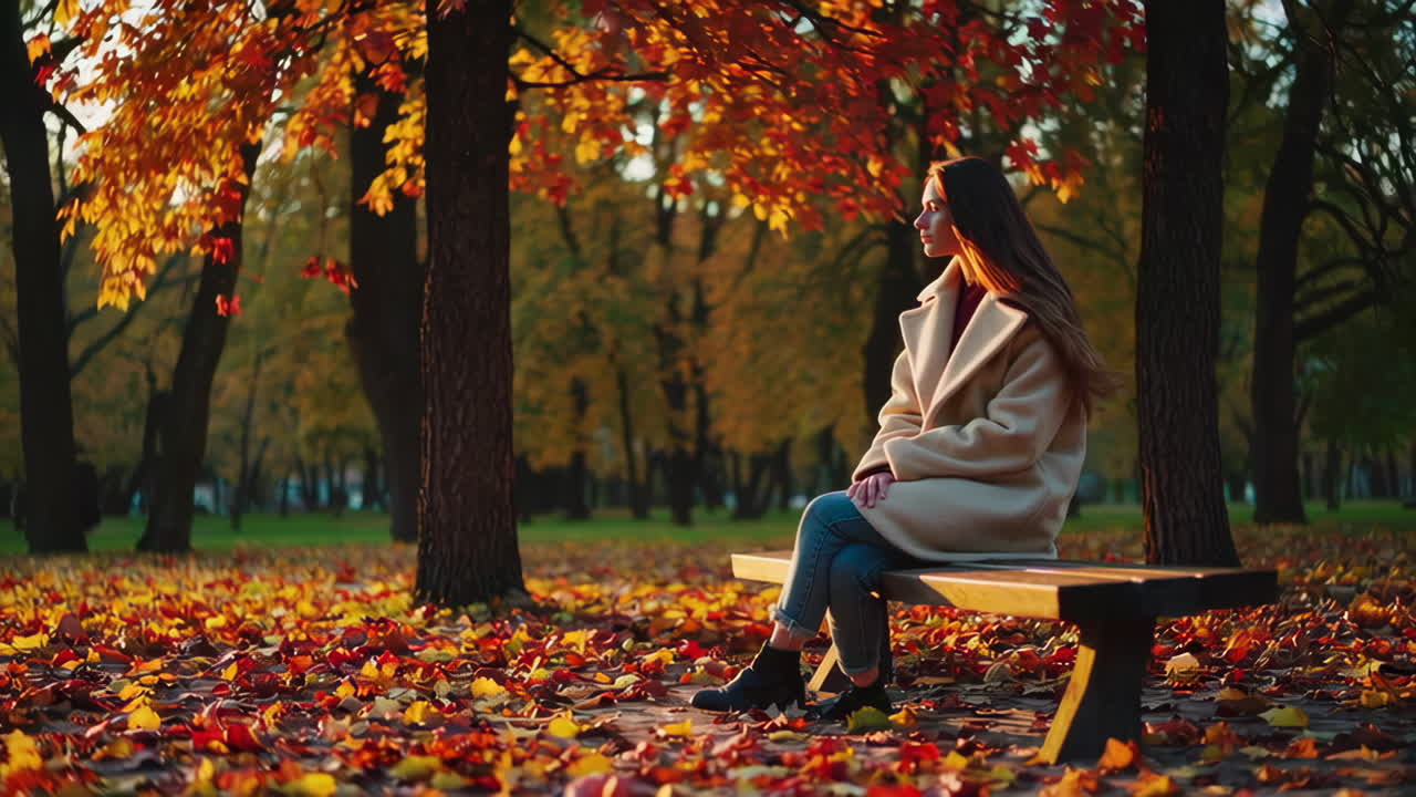 Woman Sitting on Bench in Autumn Park