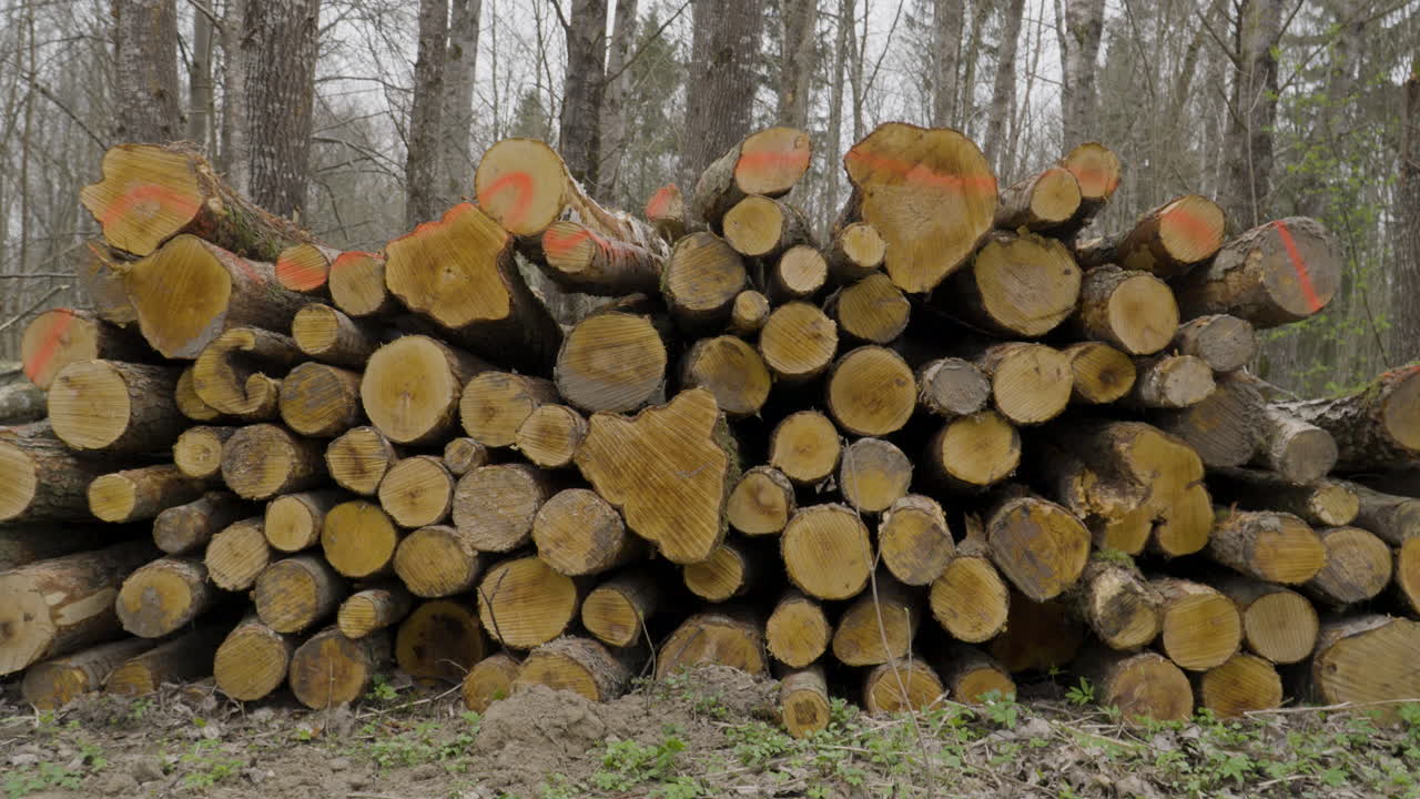 Large wood pile of logs freshly cut in forest logging waiting for transport export