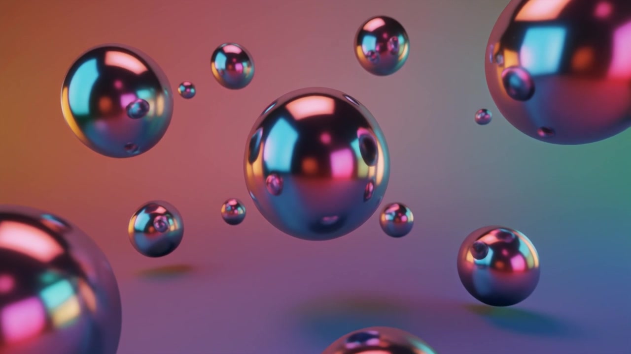 Sfere metalliche fluttuanti con riflessi iridescenti nello spazio astratto