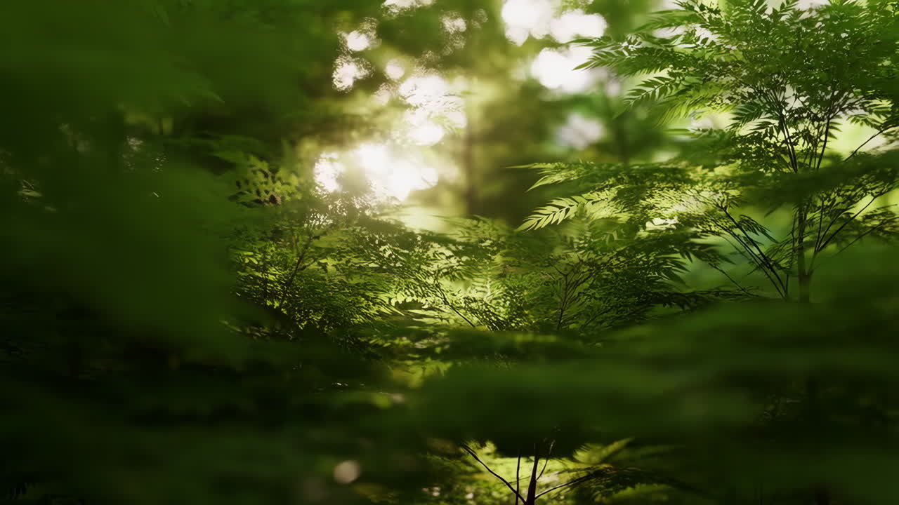 Sunlight filtering through lush green foliage in a forest