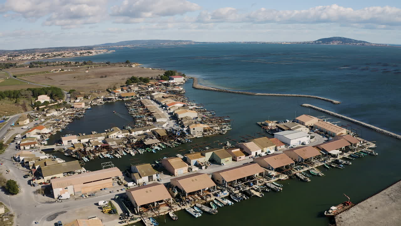 Aerial vertical view of the largest shellfish harbor in France Mourre Blanc Thau