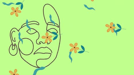 animación de dibujos de rostros y flores sobre un fondo verde