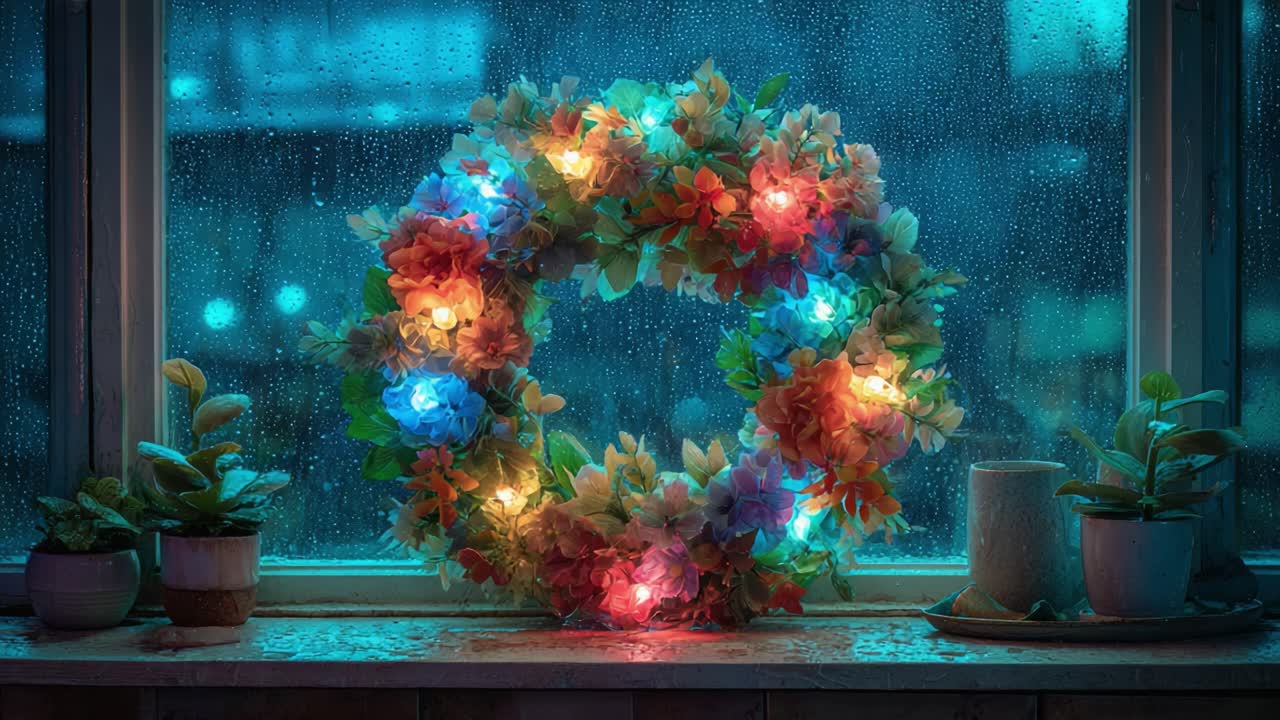 A Vibrant Floral Wreath Adorned with Colorful Lights, Glimmering Against a Rainy Window, Creating a Cozy and Enchanting Atmosphere in a Dimly Lit Room