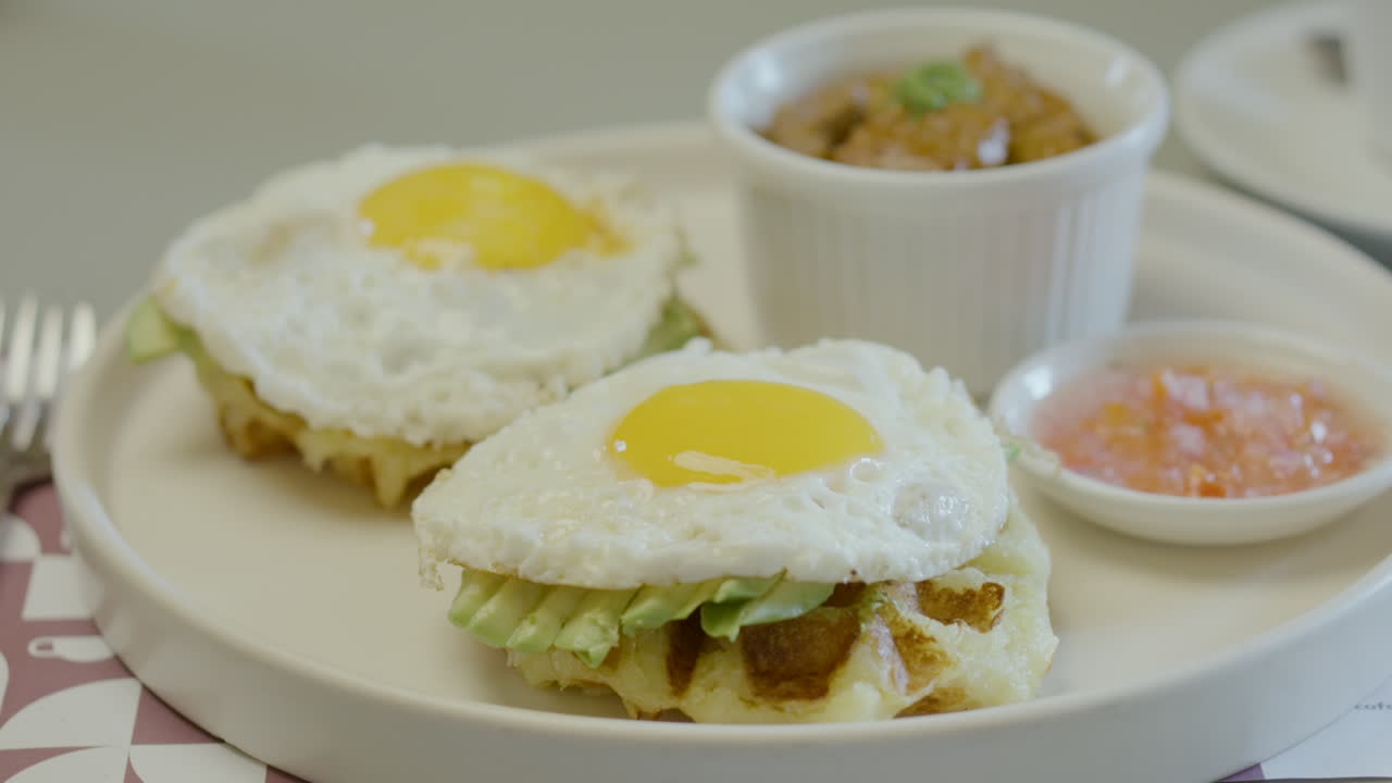 An irresistible close-up of fried eggs served on fresh, golden waffles, accompanied by a delicate portion of garnish and sauce