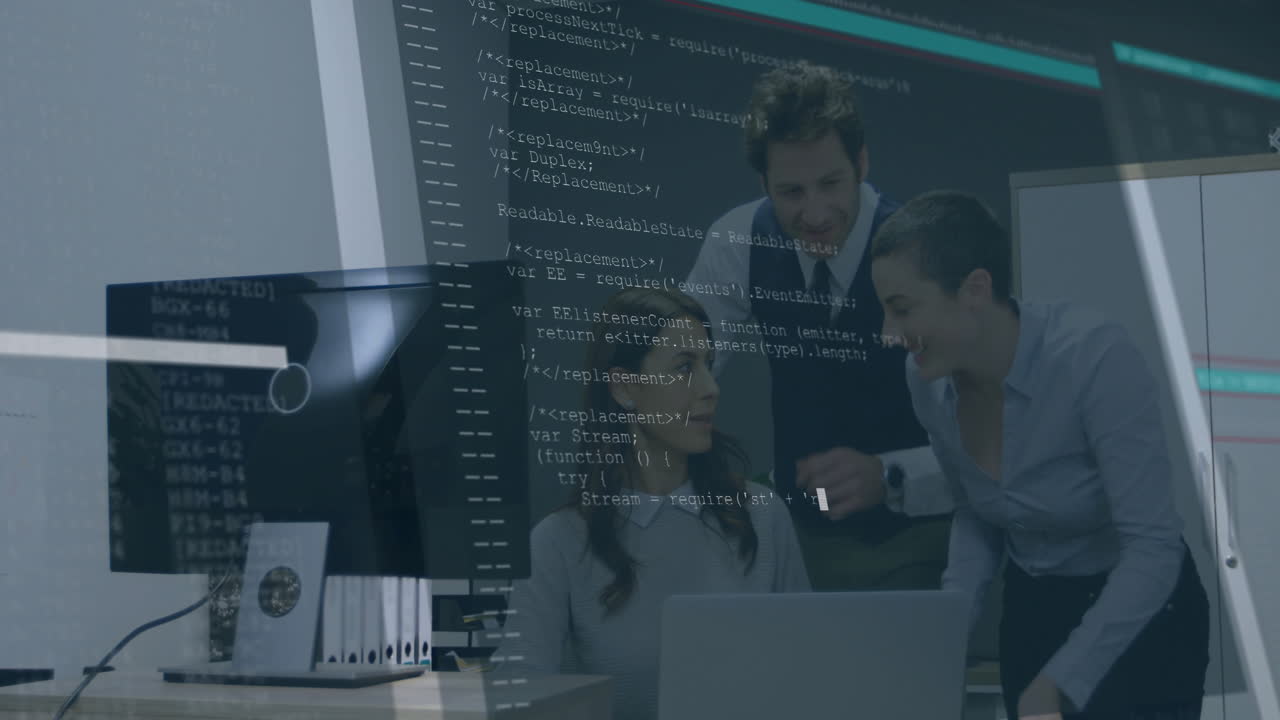 Diverse team collaborating over computer code animation in modern office