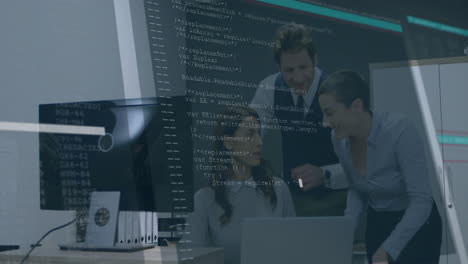 Diverse team collaborating over computer code animation in modern office