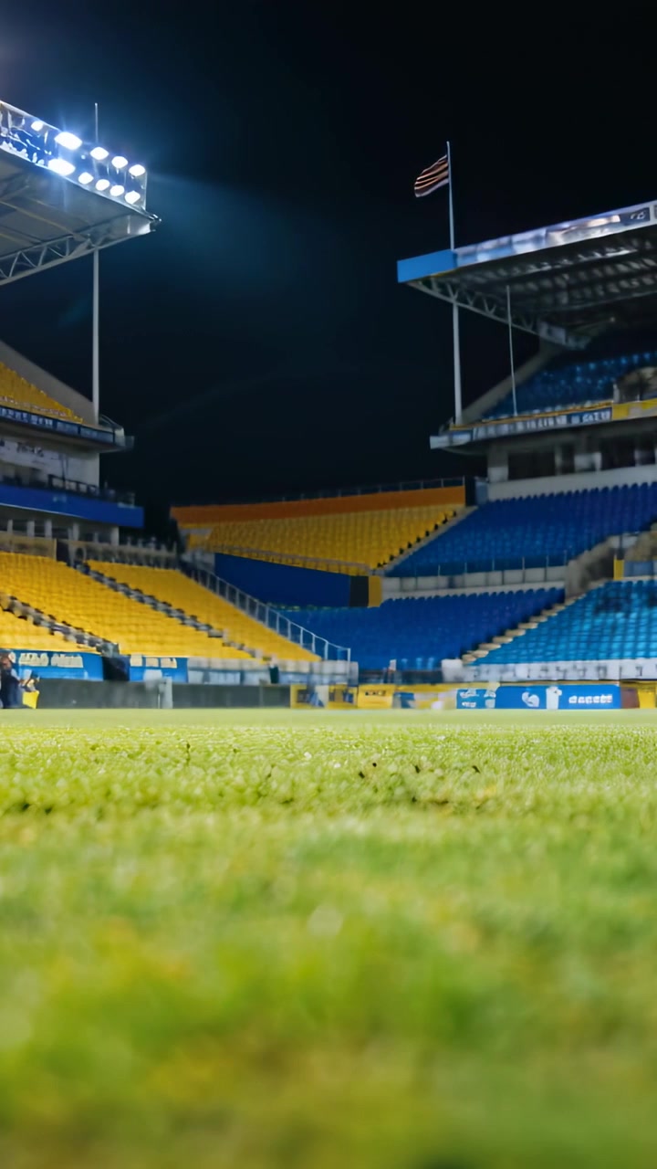 Video verticale: Telecamera che si allontana rivelando il manto erboso per mostrare uno stadio vuoto di notte, con i riflettori.