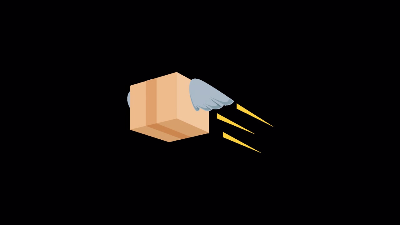 Animeret flyvende pakke med vinger til hurtig levering