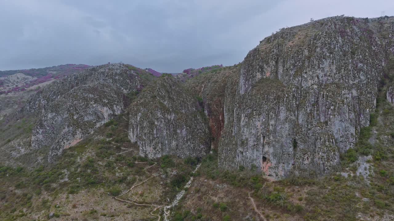 Twin canyons with layered rock formations in Santiago Apoala, Oaxaca from above