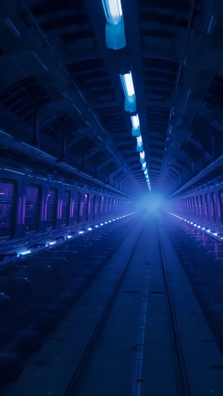 Vertical video: Rising blue glow driving camera forward through transit tunnel with tracks, lights