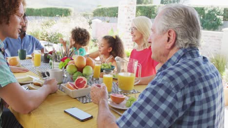 video of diverse family spending time together and having dinner outside