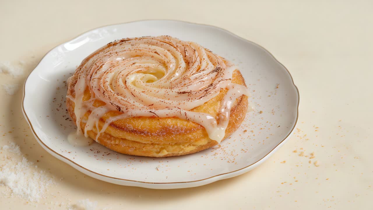 Pulling back camera, showing spiral pastry with icing drips on scalloped plate on kitchen counter