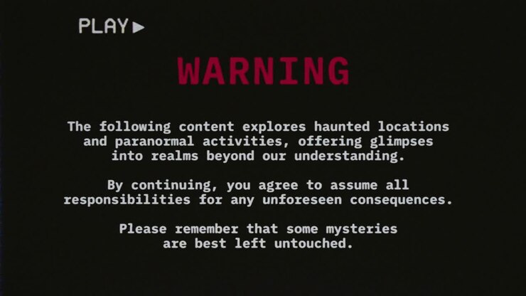 Imitated fake VHS tape capture with a warning text message: haunted locations, paranormal activities