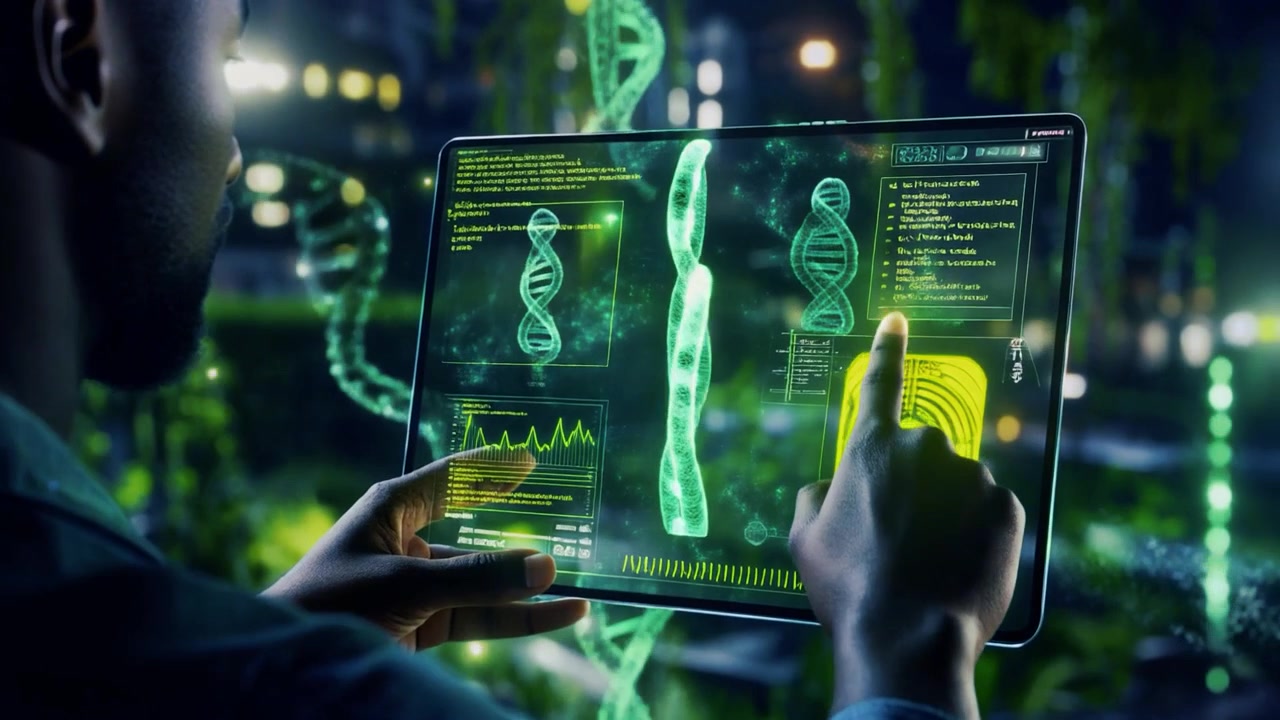 Scienziato che analizza la struttura a elica del DNA su un tablet digitale futuristico