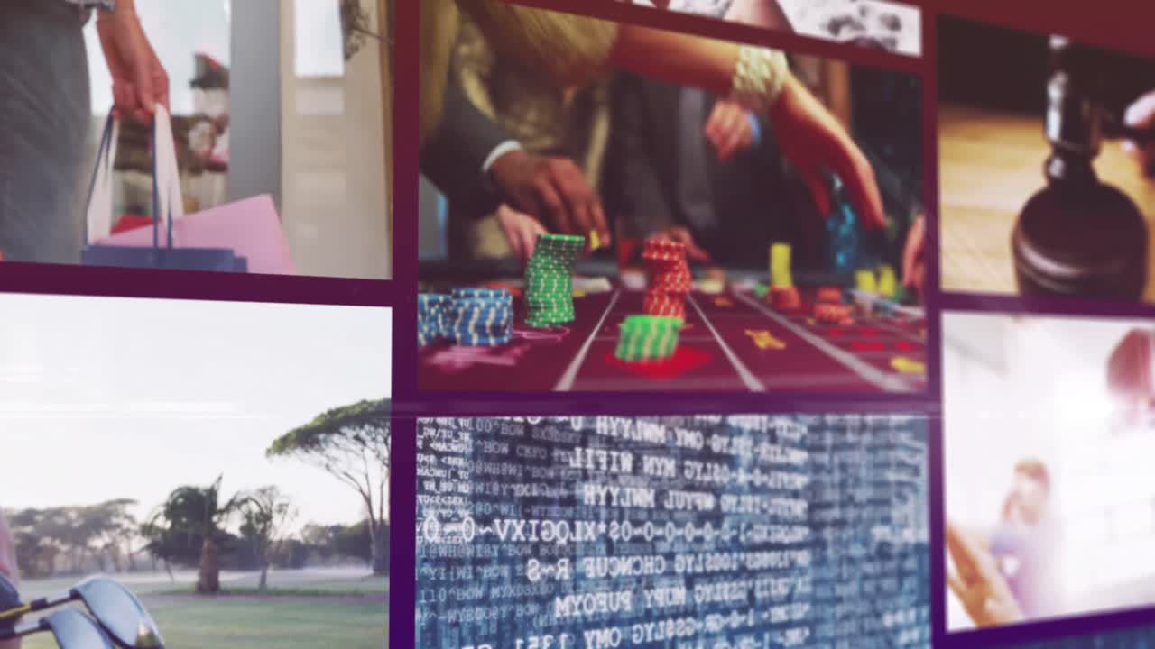 nueve pantallas compuestas, incluyendo juegos de azar, compras, tecnología digital y martillo