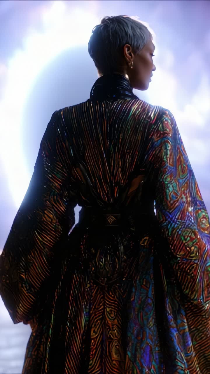 Figura mistica in veste iridescente in piedi davanti a un portale radioso, che cattura l'essenza dell'incanto e della trasformazione in un'esperienza visiva coinvolgente