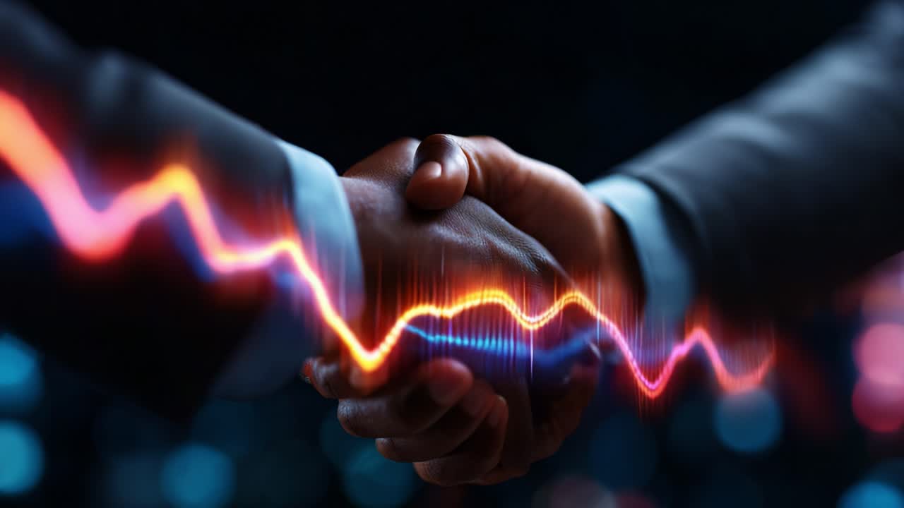 A Dynamic Display of Partnership and Collaboration: Two Individuals Engaging in a Firm Handshake Against a Vibrant Background of Colorful Financial Trends and Innovation