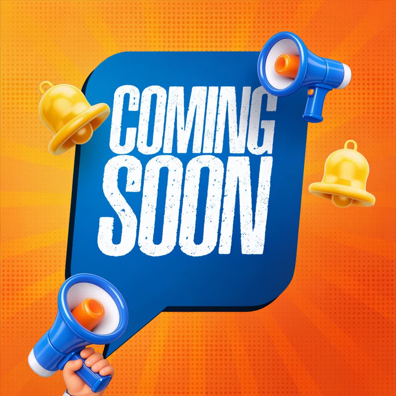 Coming Soon animation with blue megaphones, yellow bells, speech bubble on orange background