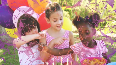 animation of network of connections over diverse children at party