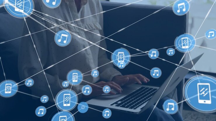 Woman typing as one blue phone icon appears, network growing into sharing mesh, closing laptop