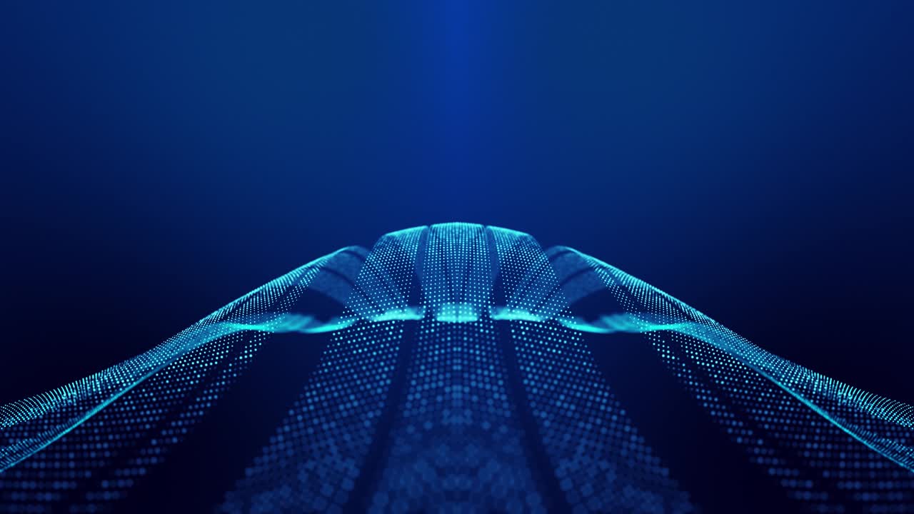 4k 루프 추상 파란색 배경은 반이는 입자가 구부러진 선을 형성하고, 표면은 대칭 구조를 형성합니다.