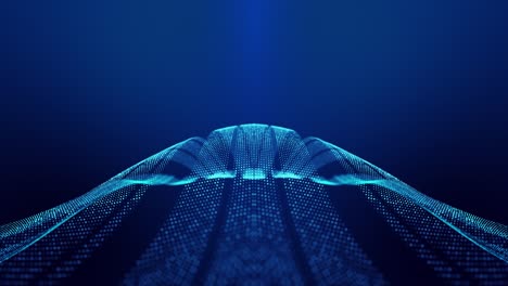 sci-fi abstract theme with particle waves. 4k looped abstract blue background of glow particles form curved lines, surfaces simmetrical structures. digital background with particle hologram.