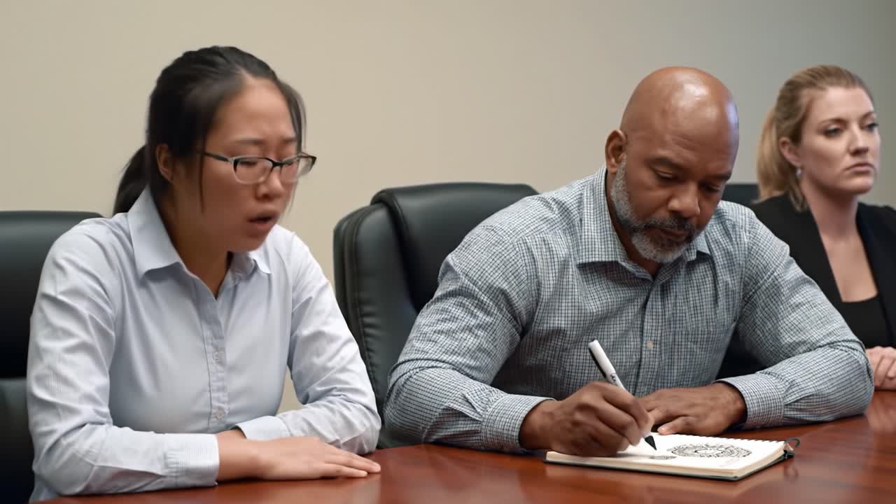 Three professionals sit around a conference table deeply engaged in a discussion. A man is taking notes while two women listen attentively.