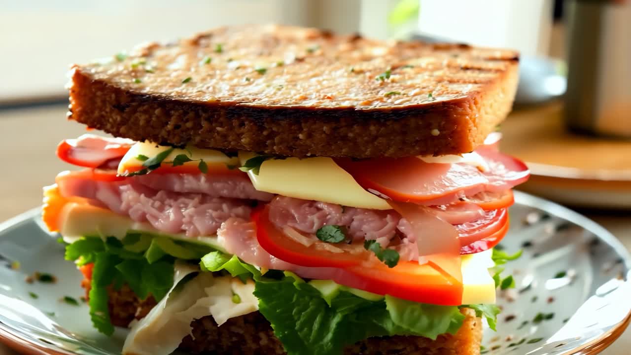 러드, 토마토, 치즈, 고기가 있는 접시 위의 샌드위치