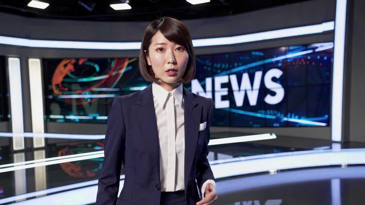 A news anchor in a modern studio, captured from a mid-angle