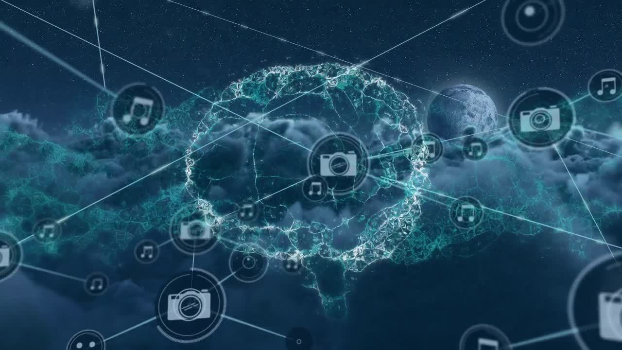 animación de la red de conexiones con iconos y cerebro humano sobre un cielo nublado