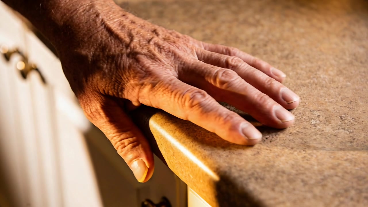 Una mano anziana si allunga, testando il bordo del bancone in cucina, cercando supporto sotto il bordo, con manopole in ottone.