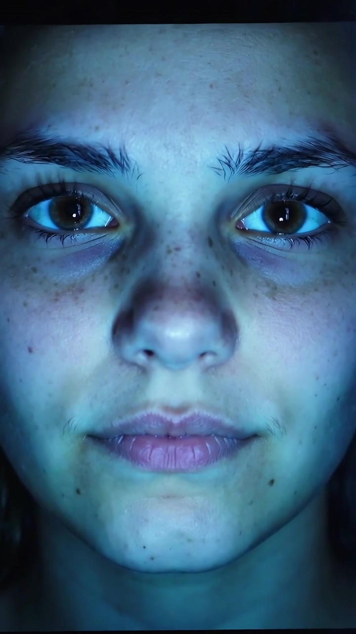 Video verticale: Luce dello schermo che illumina un volto femminile che apre gli occhi sullo schermo del telefono, con la cornice visibile.
