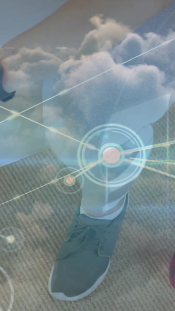 Animation of network of connections over woman tying shoe laces and clouds