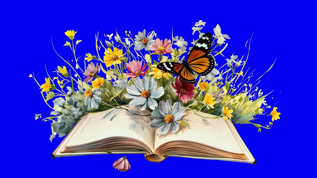 Animazione di libro con fiori, farfalle e natura, video 4K trasparente, green screen