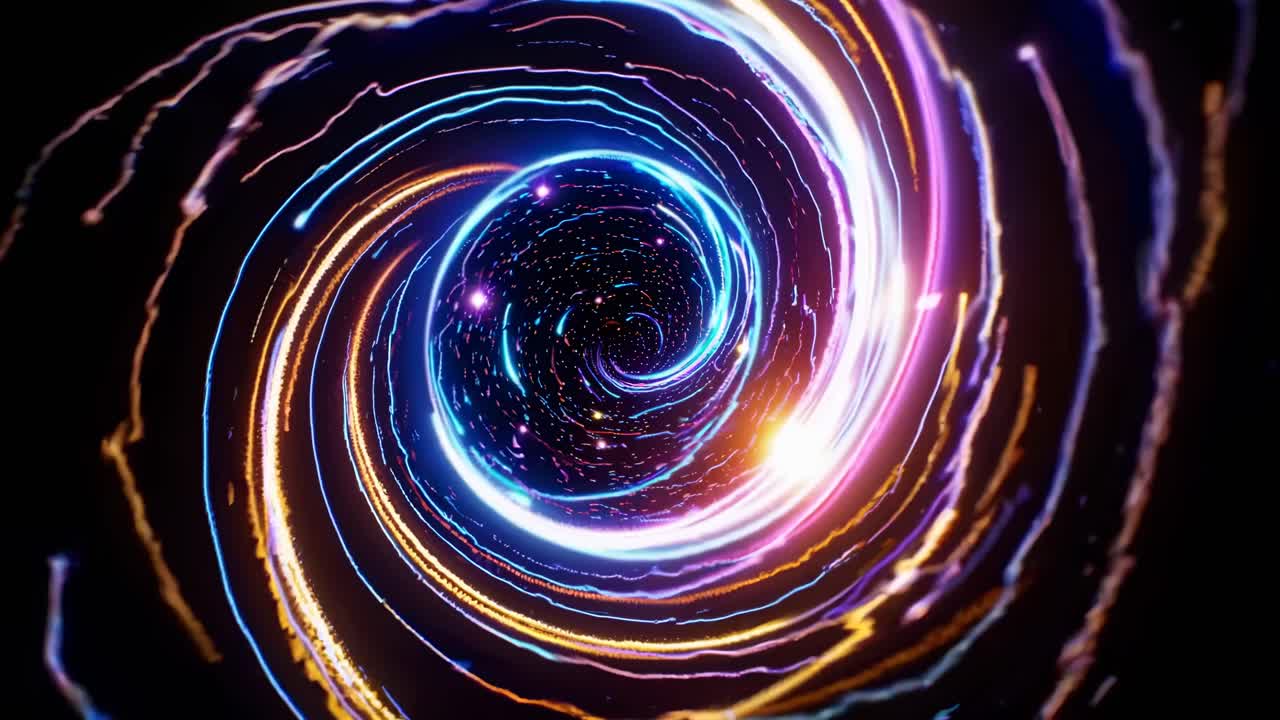A mesmerizing, swirling vortex of neon lights captured from a top-down angle, creating a dynamic
