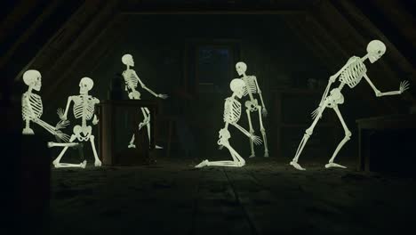 mysterious encounter in the attic: a haunting scene with glowing skeletons engaged in an intriguing interaction, creating an eerie yet captivating atmosphere