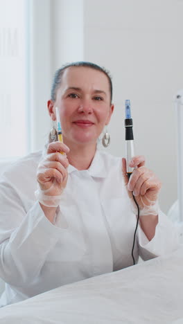 Cosmetologist preparing for peeling procedure woman skin regeneration dermapen microneedling
