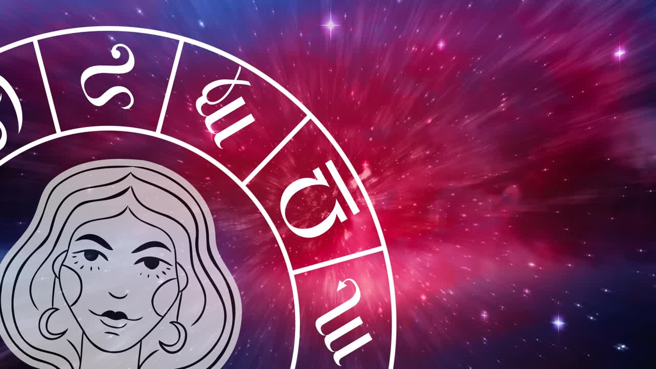 Animazione del simbolo del segno zodiacale della Vergine in una ruota oroscopica che gira su stelle scintillanti