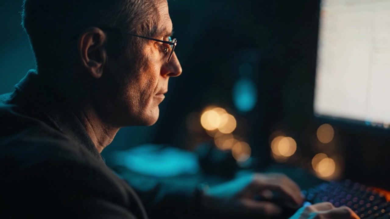 Focused Individual Engaged in Work at Computer, Illuminated by Screen Light with a Bokeh Background Creating a Productive and Thoughtful Atmosphere.