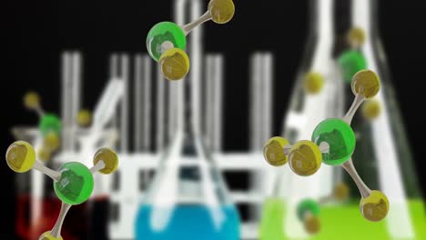 animation of micro of molecules models and laboratory beakers over white background