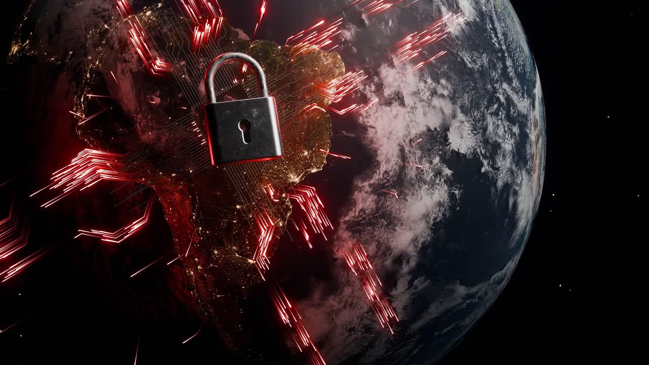 Planet Earth showing South America from space with red cyber lock and digital network lines. Cybersecurity and global data protection concept. Global network security visualization