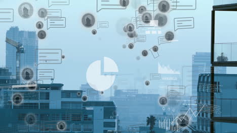 Animation of digital communication icons overlaying urban cityscape with data graphs