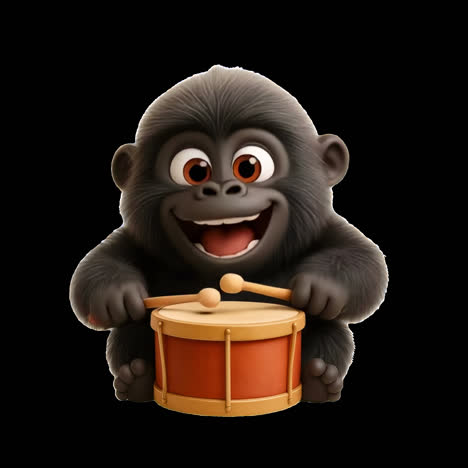 Adorable cartoon gorilla drumming joyfully animation isolated asset, transparent 4K video, alpha