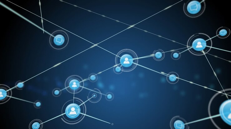 Animación de iconos de personas y mensajes conectados con líneas sobre fondo azul